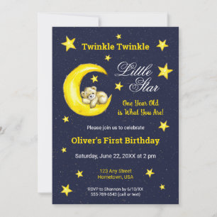 Invitación Navy Gold Twinkle Little Star Moon 1er cumpleaños