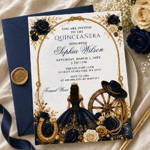Invitación Navy Gold Western Caballo Floral Charra Quinceañer