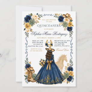 Invitación Navy Gold Western Caballo Floral Charra Quinceañer