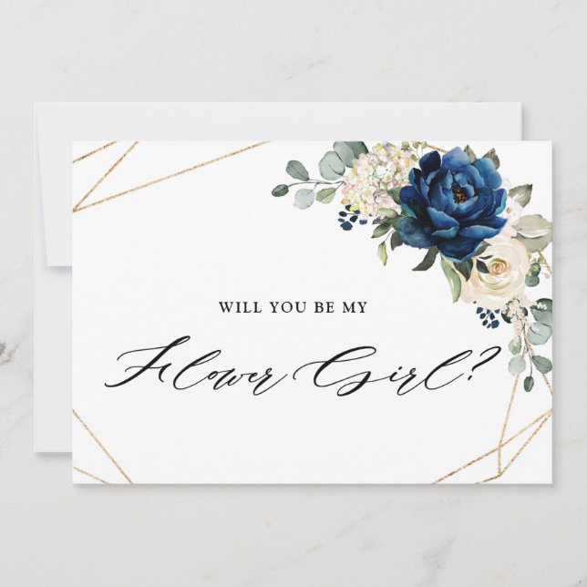 Invitación Navy Gold White Ivory Serás Mi chica De Flores (Anverso)