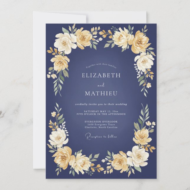 Invitación Navy Golden Bloom Wedding (Anverso)