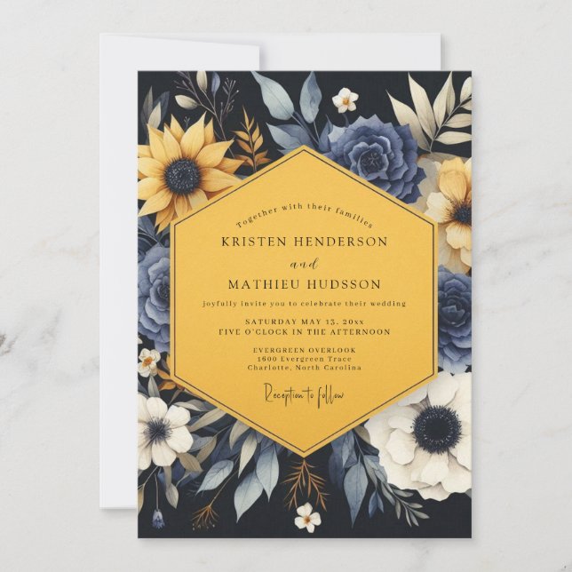 Invitación Navy Golden Botanical Wedding (Anverso)