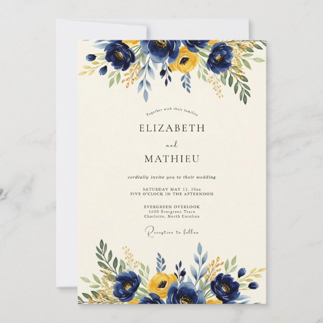 Invitación Navy Golden Vivacious Spring Wedding (Anverso)