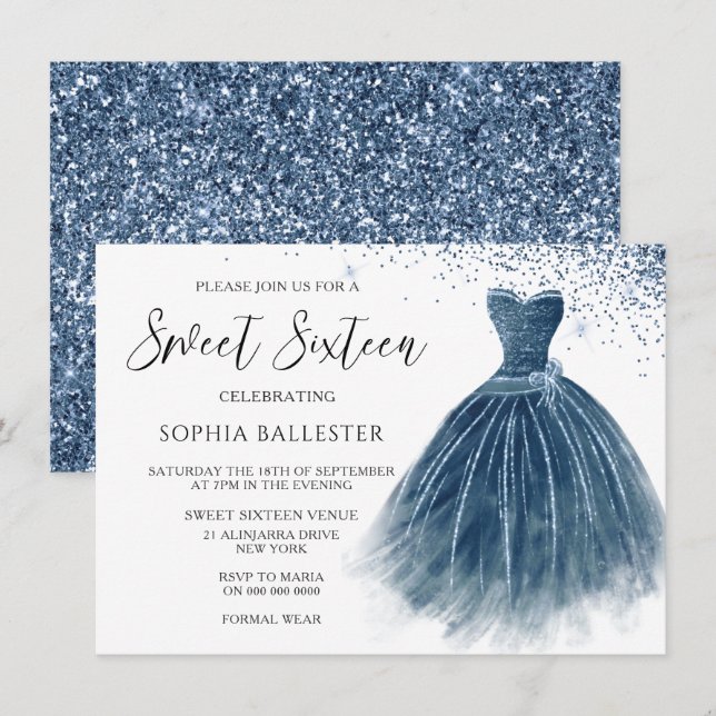 Invitación Navy Indigo Purpurina Vestido vestido dulce 16 Fie (Anverso / Reverso)