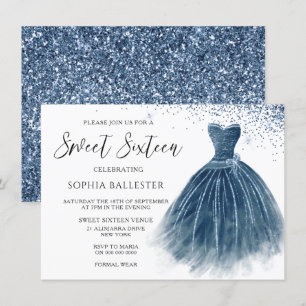 Invitación Navy Indigo Purpurina Vestido vestido dulce 16 Fie