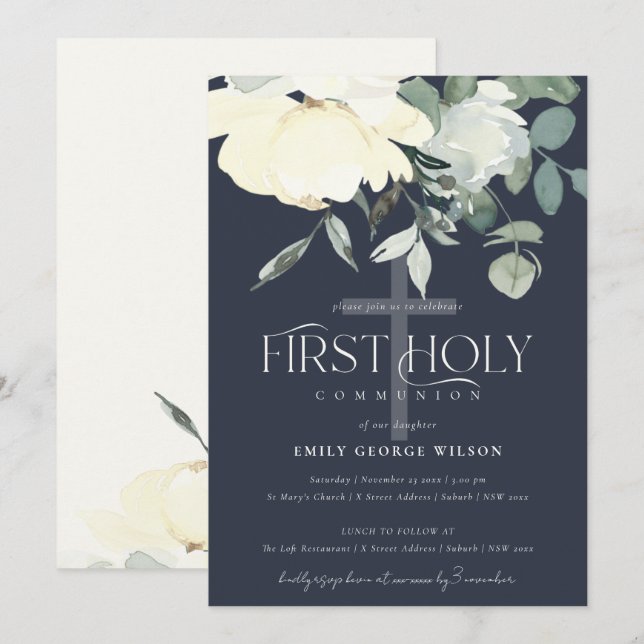 INVITACIÓN NAVY IVORY BLANCO AQUA FLORAL PRIMERA COMUNIÓN SAN (Anverso / Reverso)