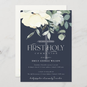 INVITACIÓN NAVY IVORY BLANCO AQUA FLORAL PRIMERA COMUNIÓN SAN