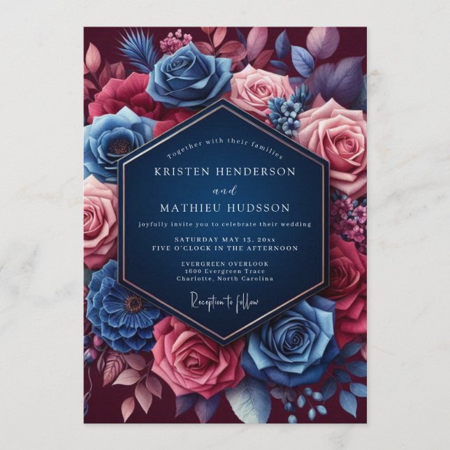 Invitación Navy Jeweled Bloom Wedding (Anverso)