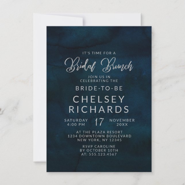 Invitación Navy Luster Dark Blue Silver Bridal Brunch Shower (Anverso)
