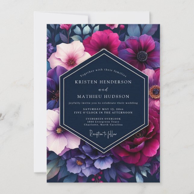 Invitación Navy & Magenta Vibrant Floral Wedding (Anverso)