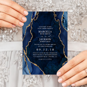 Invitación Navy Marble & Gold Agate Wedding