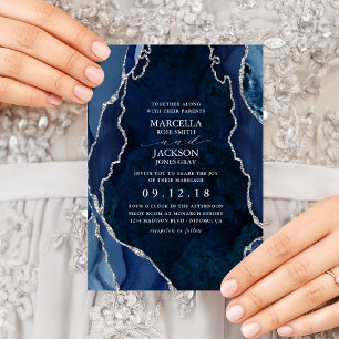 Invitación Navy Marble & Silver Agate Wedding
