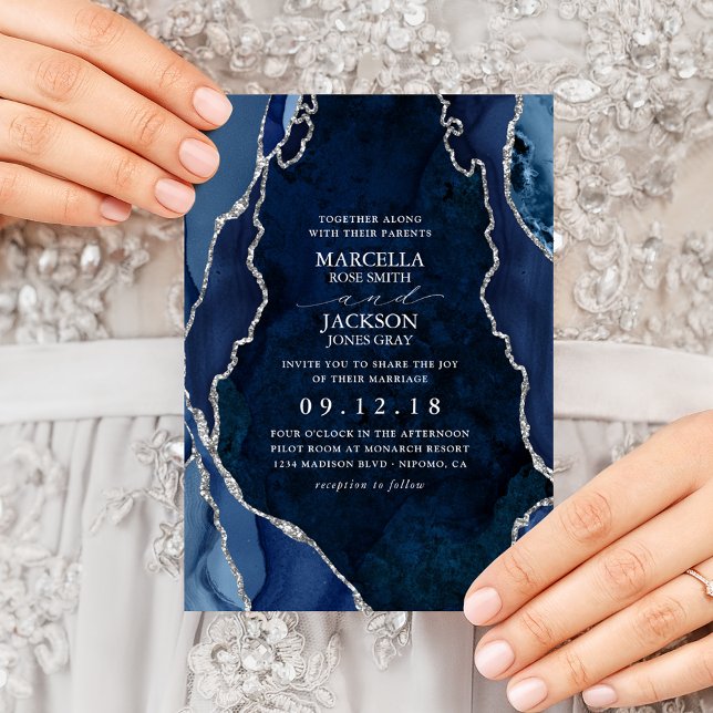 Invitación Navy Marble & Silver Agate Wedding (Subido por el creador)