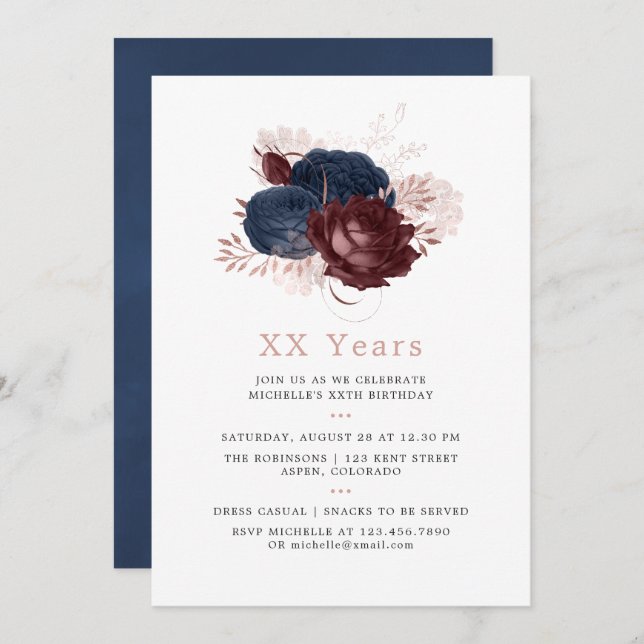 Invitación Navy, Maroon y Rosa Gold Floral Cumpleaños (Anverso / Reverso)