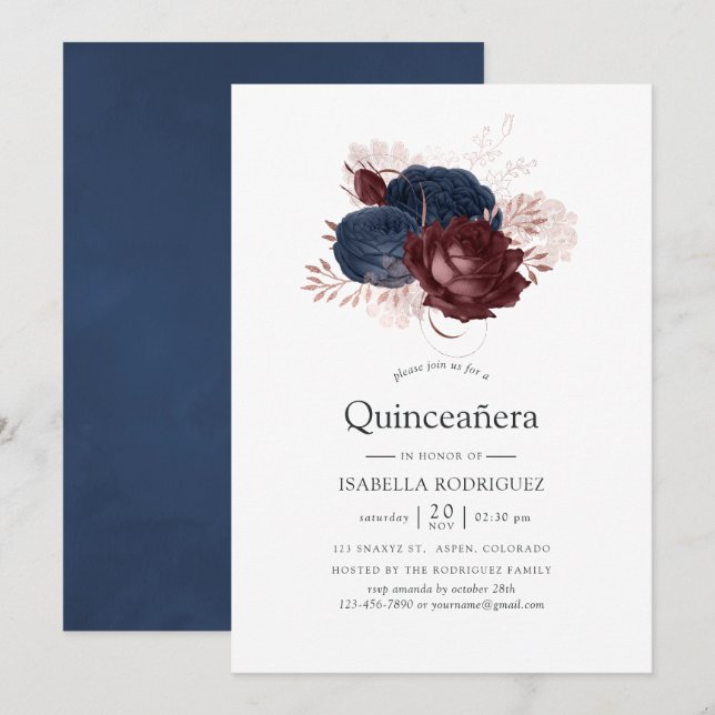 Invitación Navy, marrón y Rosa floral de oro Quinceañera (Anverso / Reverso)