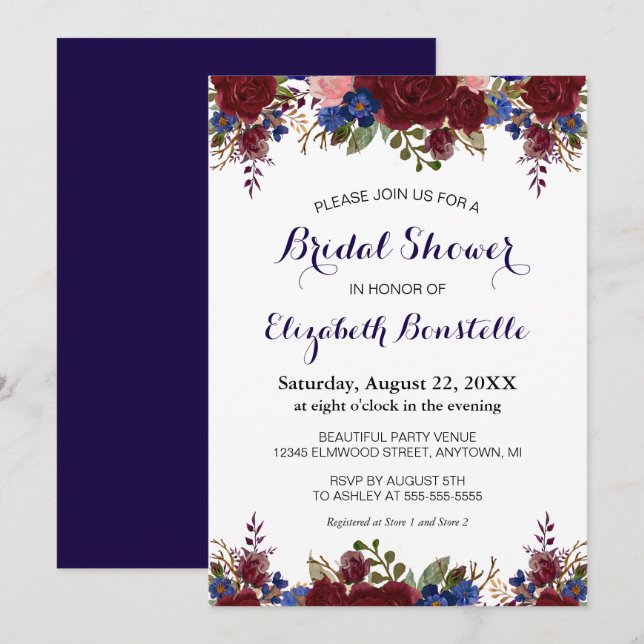 Invitación Navy Marsala Floral Bridal Shower (Anverso / Reverso)