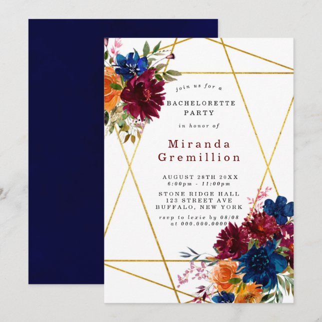 Invitación Navy Marsala Naranja Floral Bachelorette Party (Anverso / Reverso)