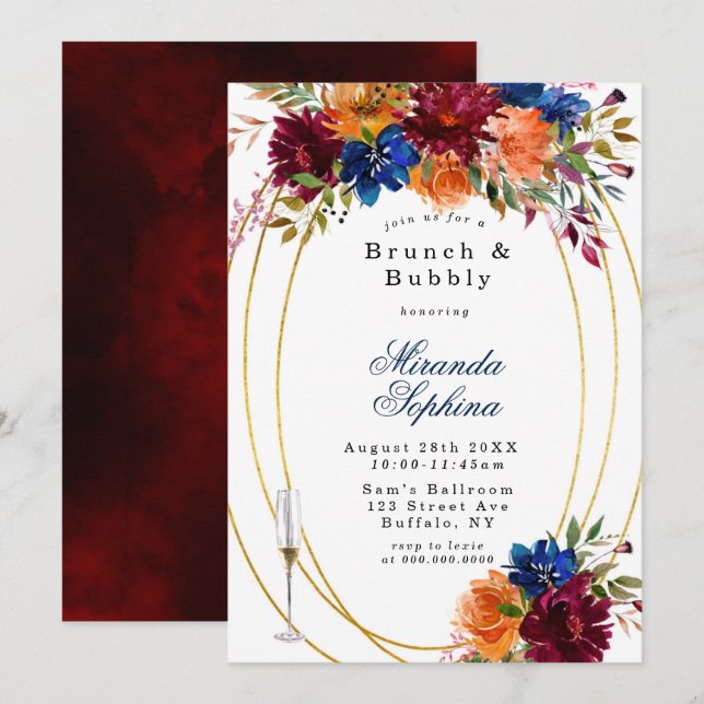 Invitación Navy Marsala Naranja Floral Brunch & Bubbly Invita (Anverso / Reverso)