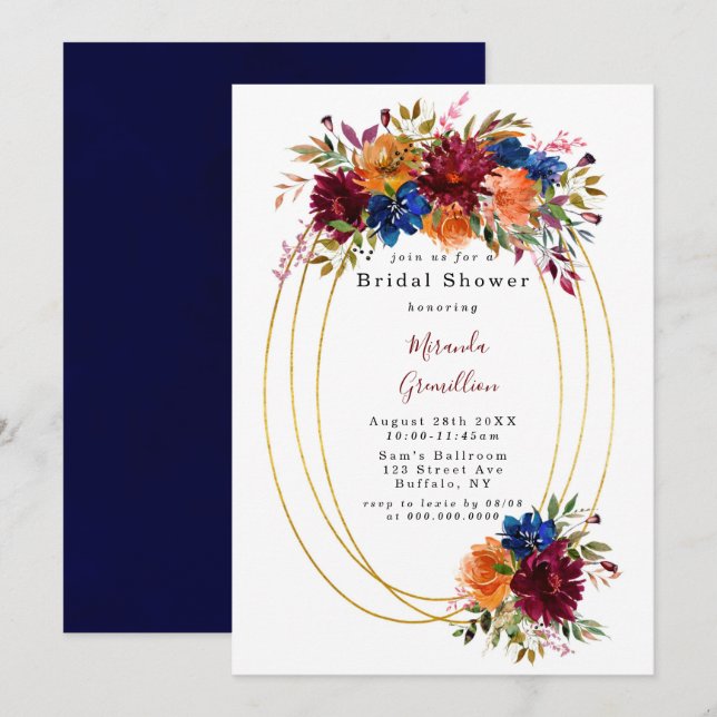 Invitación Navy Marsala Naranja Floral Geometric Bridal Showe (Anverso / Reverso)