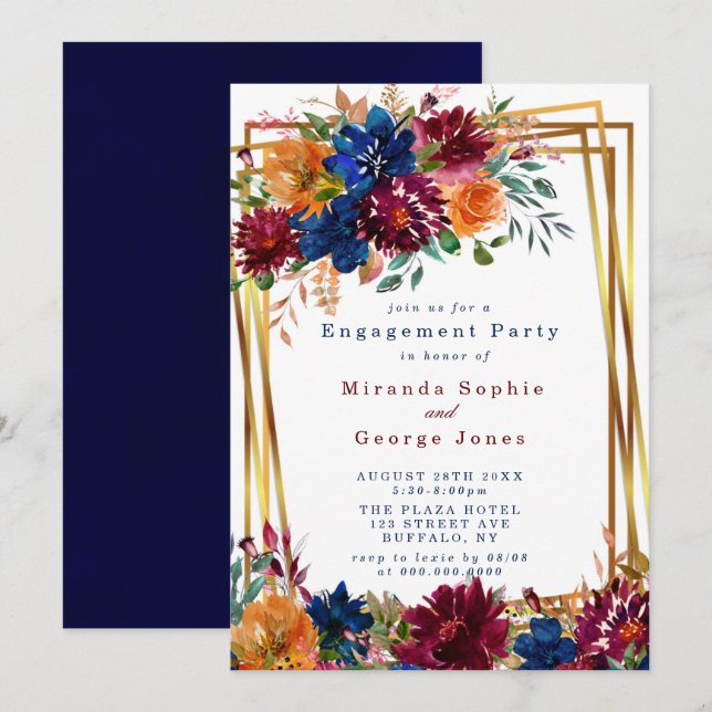 Invitación Navy Marsala Naranja Floral Gold Engagement Party  (Anverso / Reverso)