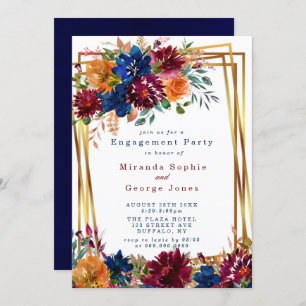 Invitación Navy Marsala Naranja Floral Gold Engagement Party 