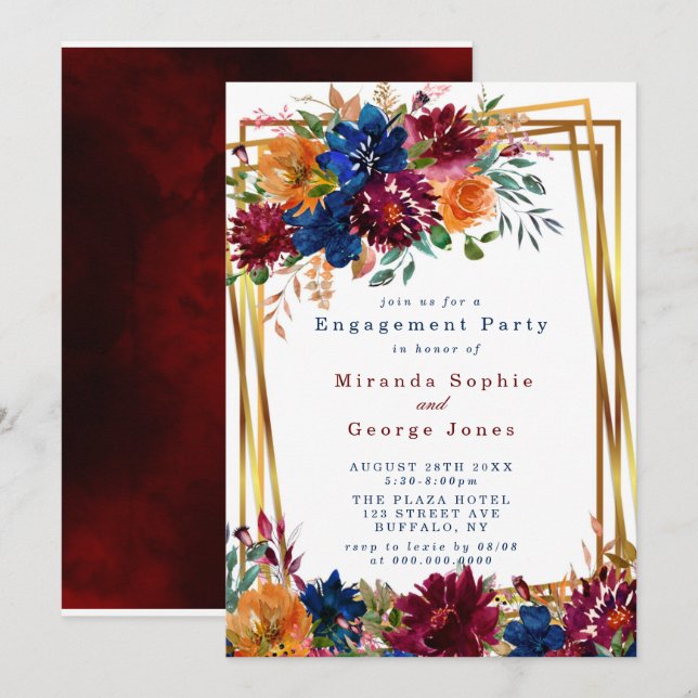 Invitación Navy Marsala Naranja Floral Gold Engagement Party (Anverso / Reverso)