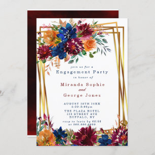 Invitación Navy Marsala Naranja Floral Gold Engagement Party