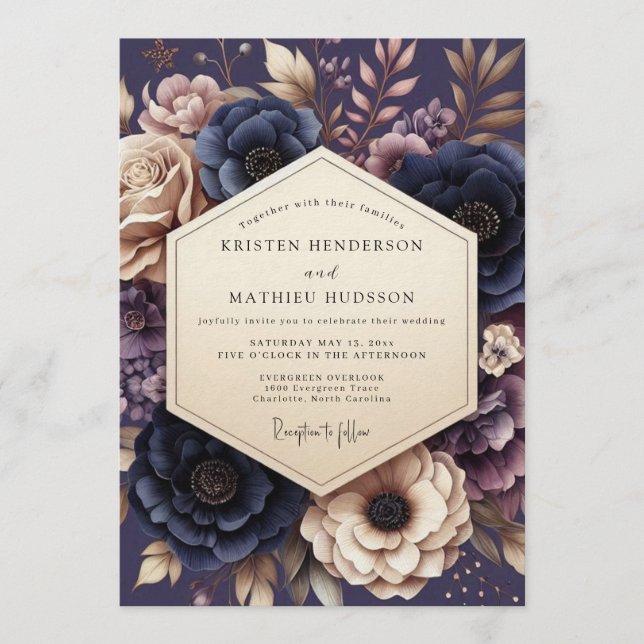 Invitación Navy & Mauve Somber Floral Wedding (Anverso)