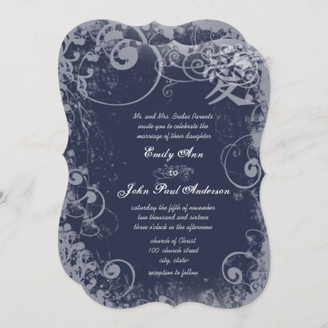 Invitación Navy Metallic Silver Kanji Love Swirl (Anverso / Reverso)