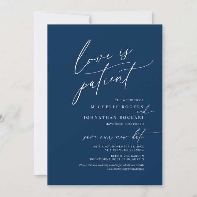 Invitación Navy Mínimo, Amor en paciente, boda pospuesta (Anverso)