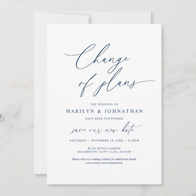 Invitación Navy Mínimo, Cambio de planes, boda pospuesta (Anverso)