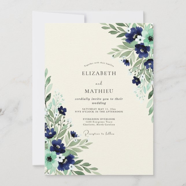Invitación Navy Mint Exquisite Botanical Wedding (Anverso)