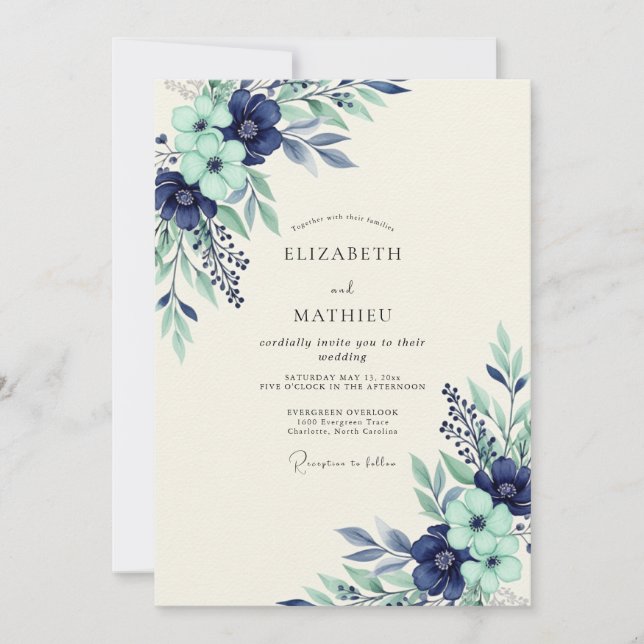 Invitación Navy Mint Serene Botanical Wedding (Anverso)