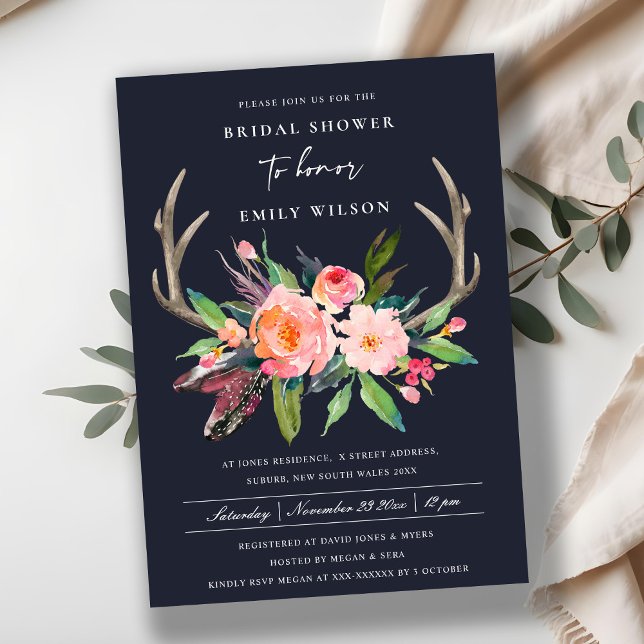 INVITACIÓN NAVY MODA BOHO RUBOR ANTLER FLORAL BRIDAL DUCHA (Subido por el creador)