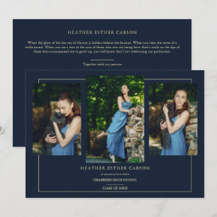 Invitación Navy Modern Gold 3 Photos Sophisticated Graduation