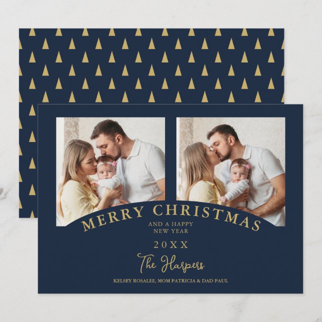 Invitación Navy Modern Luxury Chic Christmas 2 Photos Family (Anverso / Reverso)