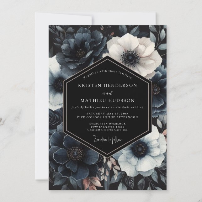 Invitación Navy Moody Bloom Wedding (Anverso)
