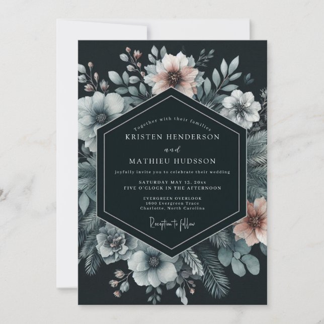 Invitación Navy Moody Bloom Wedding (Anverso)