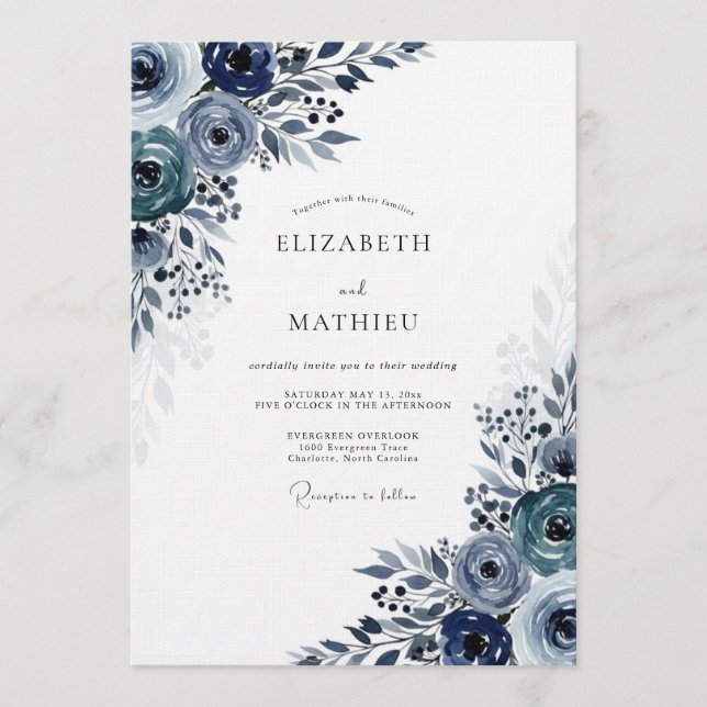 Invitación Navy Moody Bloom Wedding (Anverso)