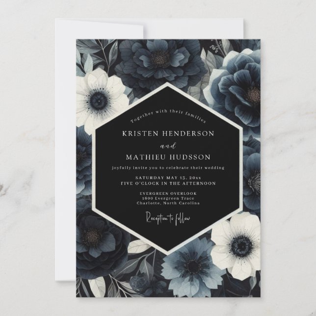 Invitación Navy Moody Floral Nocturne Wedding (Anverso)