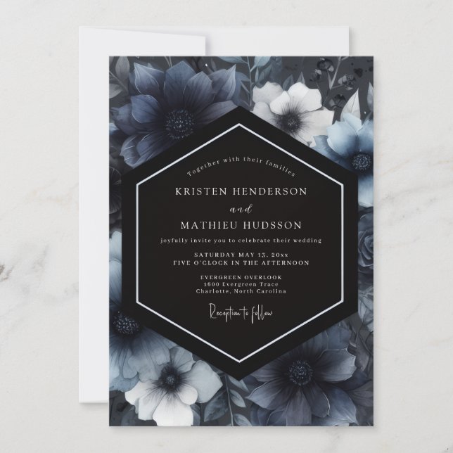 Invitación Navy Moody Floral Whimsy Wedding (Anverso)