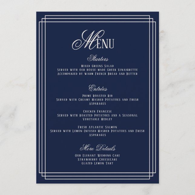 Invitación Navy Old Money Wedding Menu Card (Anverso)