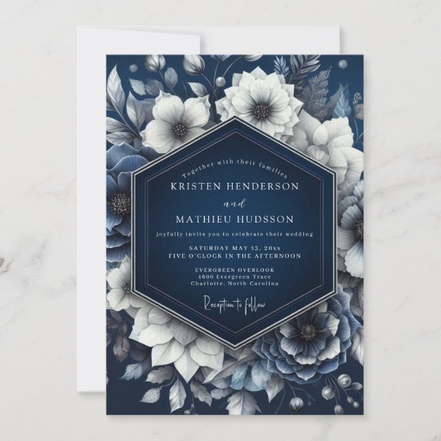 Invitación Navy Opulent Floral Romance Wedding (Anverso)