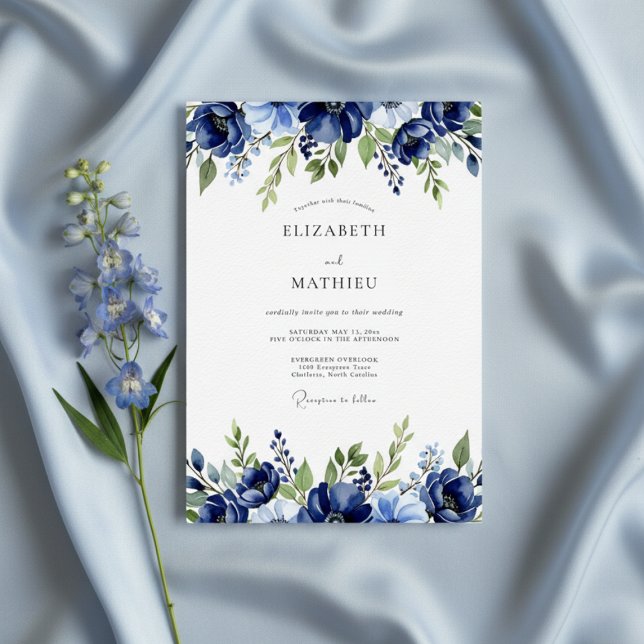 Invitación Navy Painterly Blossom Wedding (Subido por el creador)