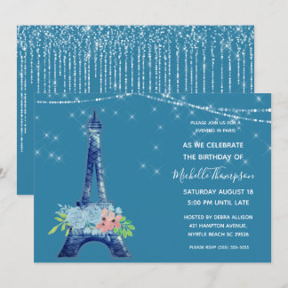 Invitación Navy Paris Torre Eiffel Purpurina Cumpleaños Flora