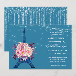 Invitación Navy Paris Torre Eiffel Purpurina Cumpleaños Flora