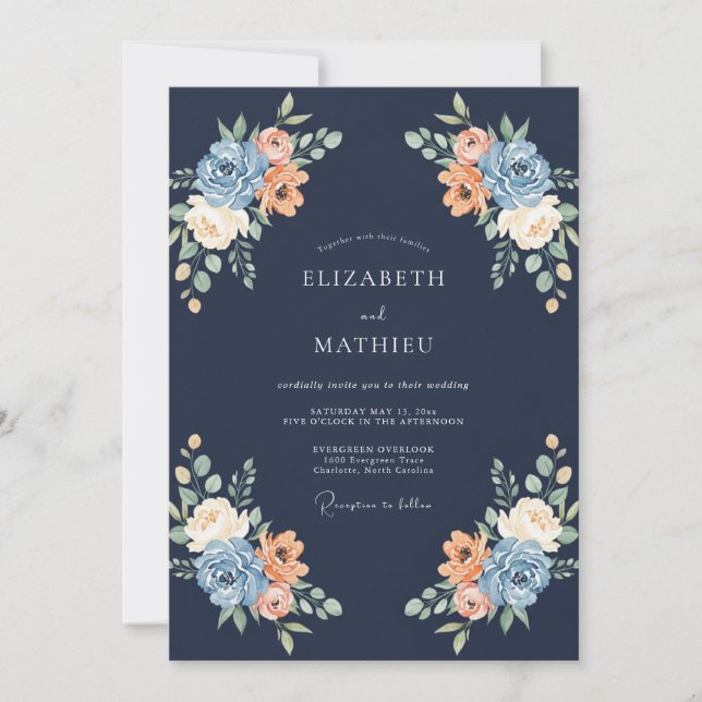 Invitación Navy Peach Blossom Flourish Wedding (Anverso)
