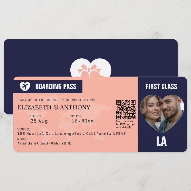 Invitación Navy & Peach Boarding Pass Wedding (Anverso / Reverso)
