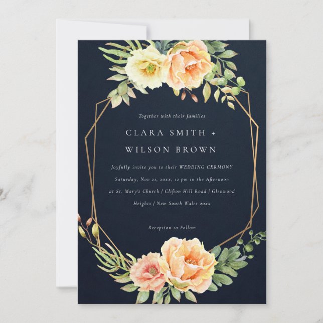 INVITACIÓN NAVY PEACH DESERT SUCCULENT CACTI FOLIAGE BODA (Anverso)