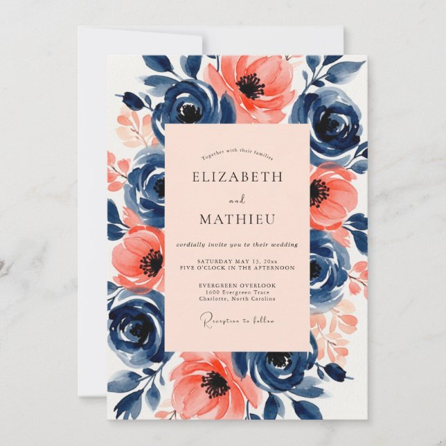 Invitación Navy Peach Vivid Summer Wedding (Anverso)